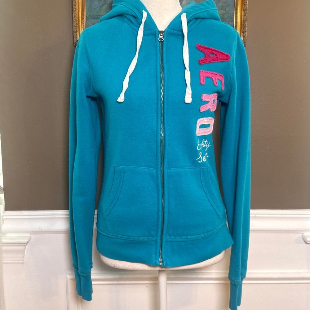 Aeropostale Y2K Teal Blue Pink Logo Full Zip Hoodie Women's Medium